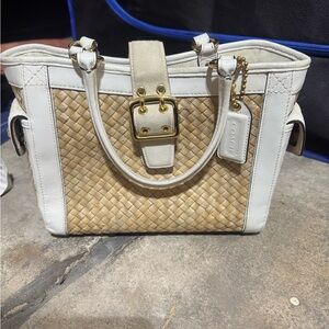 Vintage 2004 Coach Woven Straw Satchel with White Leather Trim